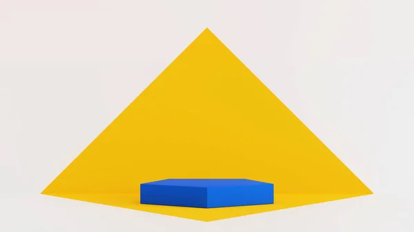 Blauw Pentagon Podium Met Gele Piramide Vorm Perspectief Wand Vloer — Stockfoto