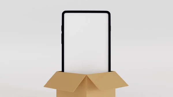 智能手机从大纸板箱里出来 网上购物送货业务的理念 3D渲染 — 图库照片