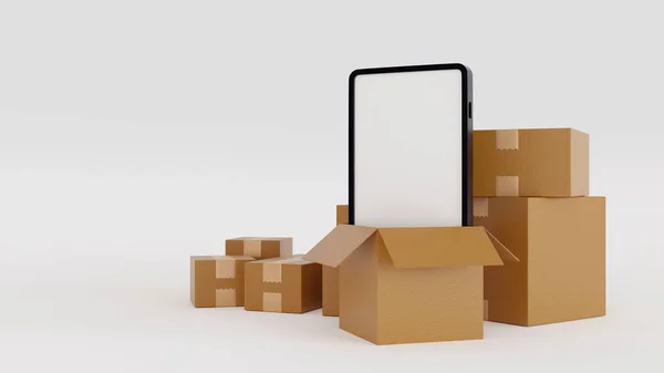 Smartphone Coming Out Big Cardboard Box Online Shopping Delivery Business — ストック写真