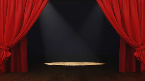 赤いベルベットのカーテンとスポットライト付きの空の舞台劇場やオペラ 3Dレンダリング ストックフォト