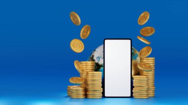Bir yığın altın sikke ve dünya ya da dünya, dünya işi ve finansal konsepti olan akıllı telefon. 3 boyutlu görüntüleme. NASA tarafından oluşturulan element