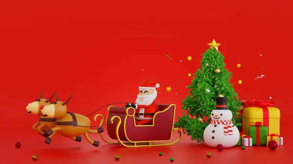 Santa clause with sleigh near snowman and Christmas tree and gifts box, Happy New year and Merry Christmas holiday greeting card Xmas, 3D rendering cartoon character.