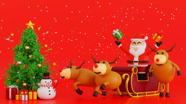 Noel Baba maddesi, kardan adam ve Noel ağacı ve hediye kutusu, Mutlu Noeller ve Noel tebrik kartı, 3D karikatür karakteri.