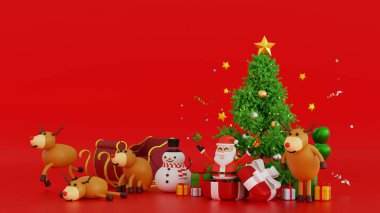 Noel Baba, kızak, kardan adam, Noel ağacı ve hediye kutusu, Mutlu Noeller ve Noel tebrik kartı, 3D karikatür karakteri..