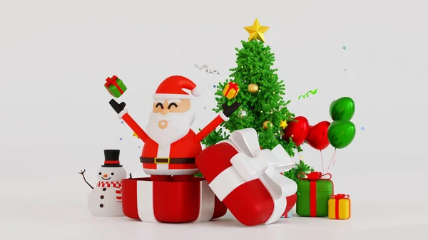 Santa clause with snowman and Christmas tree and gifts box, Happy New year and Merry Christmas holiday greeting card Xmas, 3D rendering cartoon character.