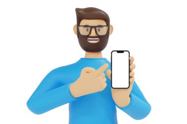 Çizgi film karakteri yakışıklı adam boş ekranlı akıllı telefonu işaret ediyor, beyaz ekranda izole edilmiş, uygulama öneri sunumu, 3D görüntüleme.