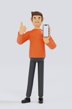 Cartoon character handsome man in orange t-shirt show smartphone, standing and thump up, isolated on white, app recommendation presentation, 3D rendering.