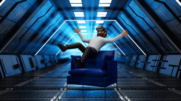 Happy man enjoy virtual reality with VR glasses and levitation in sci fi spaceship, artificial intelligence virtual reality technology movie cinema and gamming, 3D rendering cartoon character illustration.