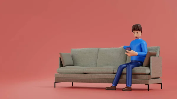 Happy man sitting in armchair using smartphone online social networks or online business market, 3D rendering cartoon character illustration.
