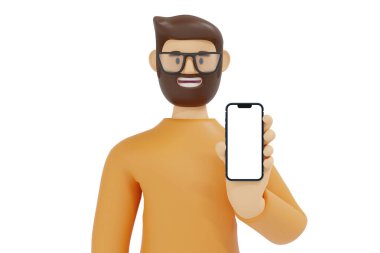 Cartoon character handsome man in pointing show blank screen smartphone, isolated on white, app recommendation presentation, 3D rendering.