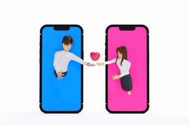 A man and woman fall in love together by chatting or online dating on smartphone, social networking, 3D rendering cartoon member.