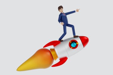 Girişim, yeni şirket konsepti, roketin üzerinde duran iş adamı, başarı yatırımı, 3 boyutlu karikatür karakteri çizimi.