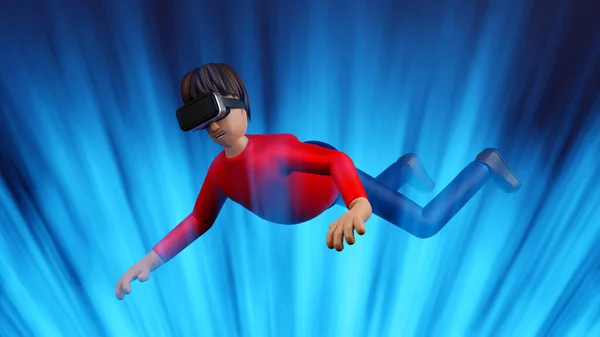 Happy man enjoy virtual reality with VR glasses and levitation in air, artificial intelligence virtual reality technology cinema and gamming, 3D rendering cartoon character illustration.