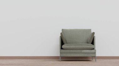 Boş duvar oturma odası olan basit bir koltuk koltuğu, taklit et, üç boyutlu resimleme.