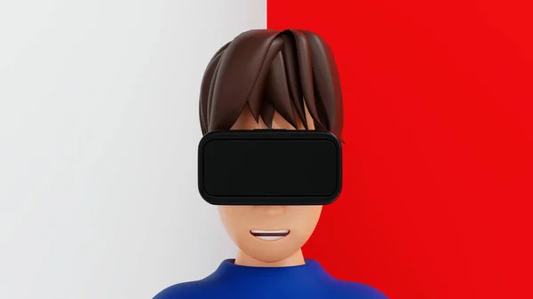 Happy man enjoy virtual reality with VR glasses, artificial intelligence virtual reality technology cinema and gamming, 3D rendering cartoon character illustration.