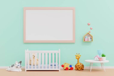 Empty poster frame mockup in baby kid room with cute doll and toy, nursery or children's room design for background, 3D rendering.