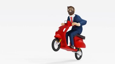 Çizgi film karakteri sakallı iş adamı scooter kullanıyor, beyaz üzerinde izole edilmiş, 3D.
