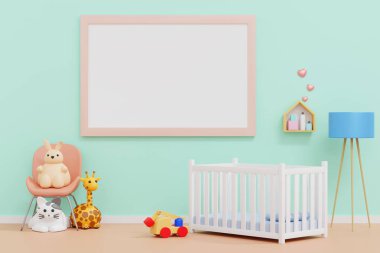 Empty poster frame mockup in baby kid room with cute doll and toy, nursery or children's room design for background, 3D rendering.