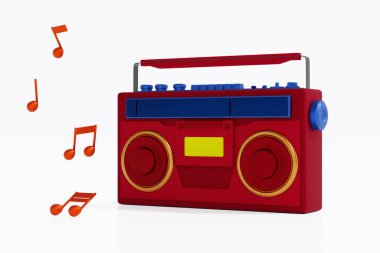 Radio music boombox retro tape cassette player and recorder, trendy vintage style, 3d rendering.