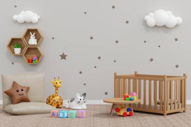 Baby kid room with wall decoration, cute doll and toy, nursery or children's room design for background, 3D rendering.