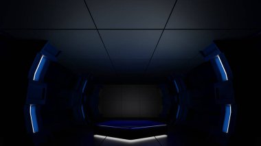 Uzay gemisi ya da uzay istasyonu içinde modern Pentagon podyumu, Bilim Kurgu tüneli, ürün sunumu için sahne, 3D görüntüleme.