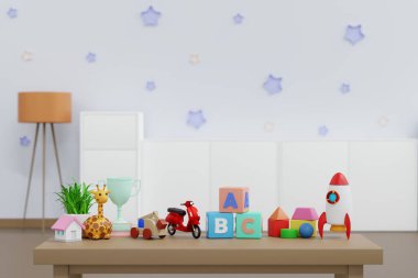 Toy and cute doll on table with wall decoration in kid room, nursery or children's room design for background, 3D rendering.