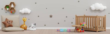 Baby kid room with wall decoration, cute doll and toy, nursery or children's room design for background, , Template Horizontal Banner header for Website, 3D rendering.