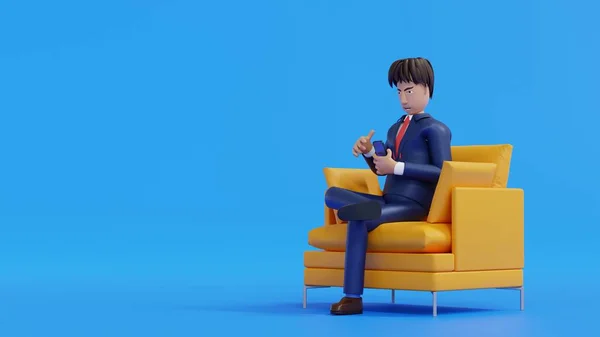 Happy businessman sitting in armchair using smartphone online social networks or online business market, 3D rendering cartoon character illustration.