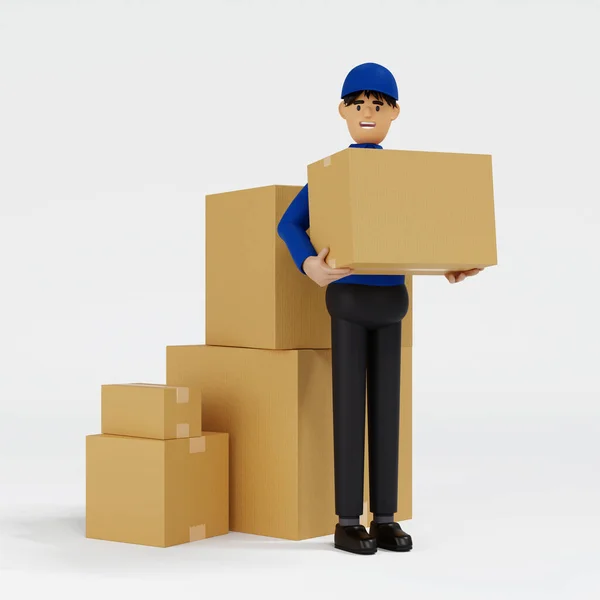 Happy delivery man in blue uniform holding parcel, stack of cardboard boxes, shipment service concept, Full Length people composition, 3D rendering