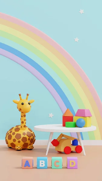 Toy and cute doll on table with wall decoration in kid room, nursery or children\'s room vertical design for mobile interface wallpaper, 3D rendering.