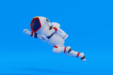 Astronaut flying like superhero, science technology space adventure discovery, 3D rendering cartoon character.