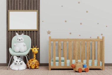 Empty poster frame mockup in baby kid room with cute doll and toy, nursery or children's room design for background, 3D rendering.