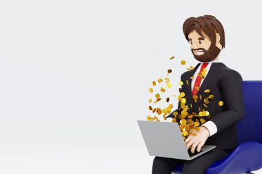 Koltuğunda oturan mutlu iş adamı dizüstü bilgisayarlı iş piyasasını kullanıyor ekrandan para düşüyor, 3 boyutlu karikatür karakteri çizimi.