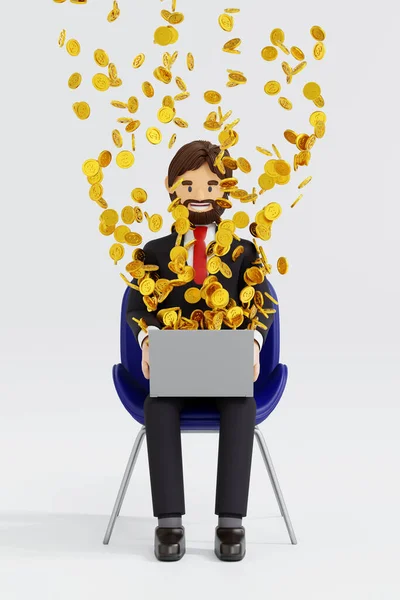 Happy businessman sitting in armchair using laptop online business market with coin falling from screen, 3D rendering cartoon character illustration.
