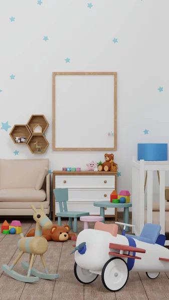 婴儿房的空招贴画框架模型 带有可爱的娃娃和玩具 托儿所或儿童房的背景设计 移动界面墙纸的垂直设计 3D渲染 — 图库照片