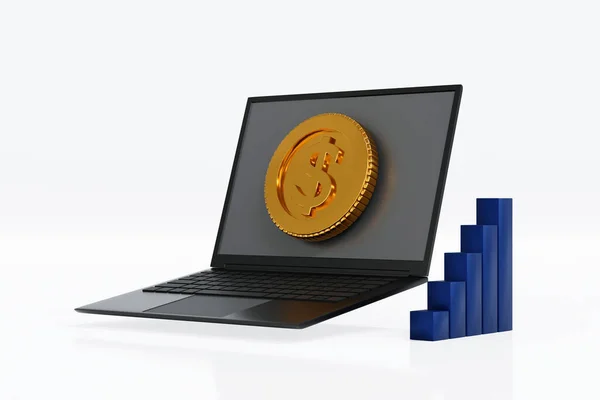 Dinheiro Moeda Ouro Voando Para Fora Tela Laptop Com Mesa — Fotografia de Stock