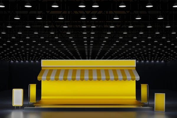 Yellow booth system exhibition stand display mockup template design for event trade fair show in exhibition hall center, convention hall, 3D rendering.