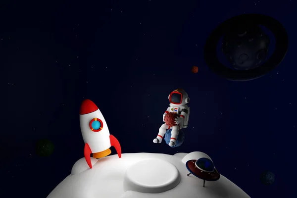 Astronauta Rakiety Wahadłowca Pływające Przestrzeni Asteroidami Księżyc Ufo Kosmiczna Przygoda — Zdjęcie stockowe