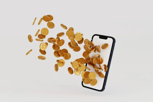 Moeda Ouro Transbordar Exibição Smartphones Fazer Dinheiro Conceito Negócios Line — Fotografia de Stock