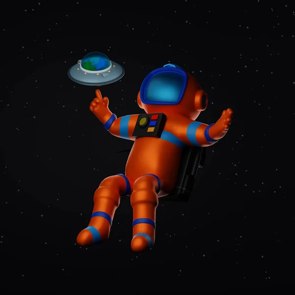 带有火箭和航天飞机的宇航员与小行星 月球和Ufo一起在空间漂浮 空间探险科学发现 3D渲染卡通人物 — 图库照片