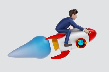 Girişim, yeni şirket konsepti, roketin üzerinde duran iş adamı, başarı yatırımı, 3 boyutlu karikatür karakteri çizimi.