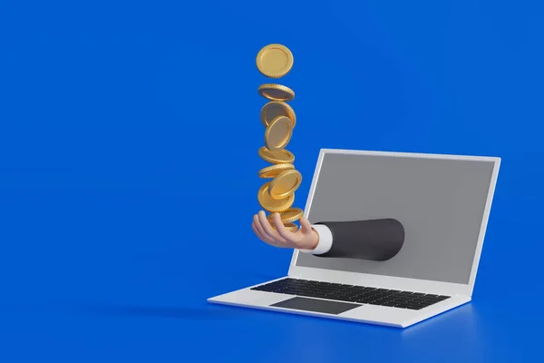 Gold coin falling into businessman hand sticking out the laptop screen, take profit online business success, Internet commerce, 3D rendering.