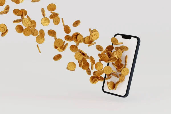 智能手机显示屏上的金币溢出 在线赚钱商业概念 3D渲染 — 图库照片