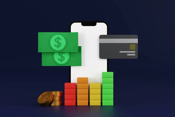 Mobiltelefon Mit Kreditkarte Oder Bankomatkarte Und Münzgeldschein Online Zahlungsabrechnung Rendering — Stockfoto