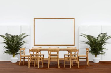 Metin, ahşap sandalye ve tablo eklemek için kopyalama alanı olan beyaz arkaplan üzerine akşam yemeği seti, 3B oluşturma.