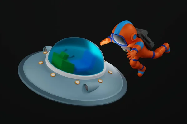 Astronaut floating in space catching UFO, space adventure scientific discovery, 3D rendering cartoon character.