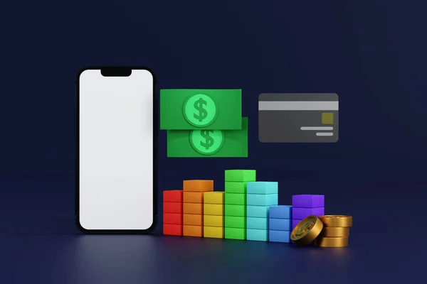 Telefone Móvel Com Cartão Crédito Cartão Atm Nota Moeda Facturação — Fotografia de Stock