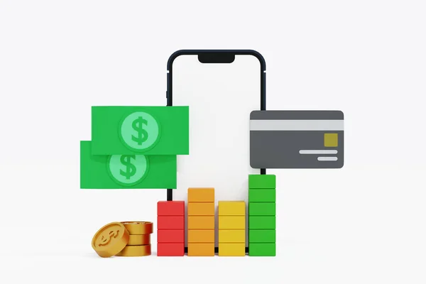 Mobiltelefon Mit Kreditkarte Oder Bankomatkarte Und Münzgeldschein Online Zahlungsabrechnung Rendering — Stockfoto