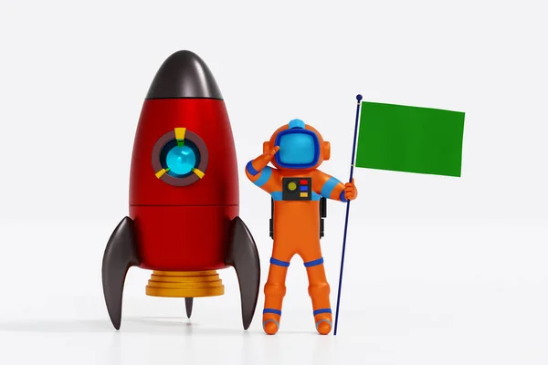 Astronauta Sosteniendo Bandera Verde Blanco Con Lanzadera Cohete Descubrimiento Científico — Foto de Stock