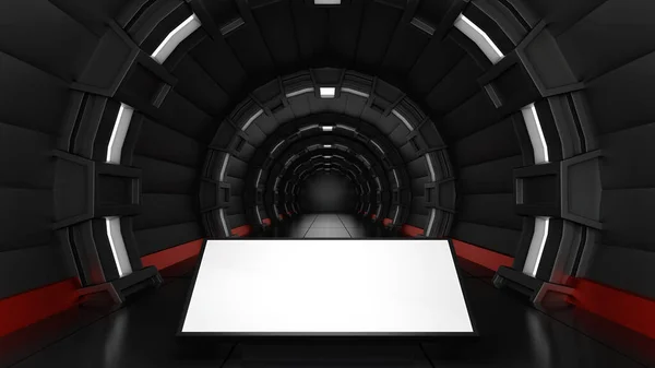 航天飞船或空间站内部的空白模拟广告牌或液晶显示屏幕地面 Sci Fi隧道 广告概念 3D渲染 — 图库照片